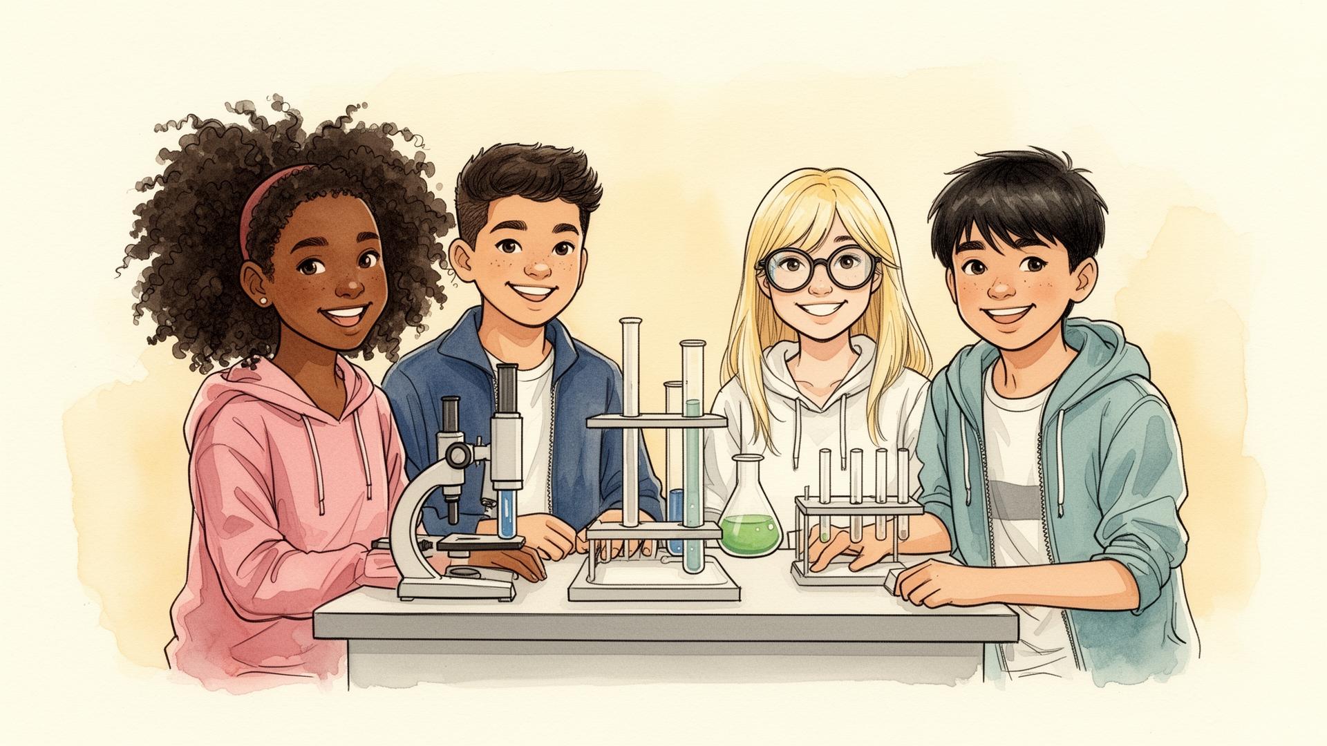 Diverse middle school students smiling around a science workbench